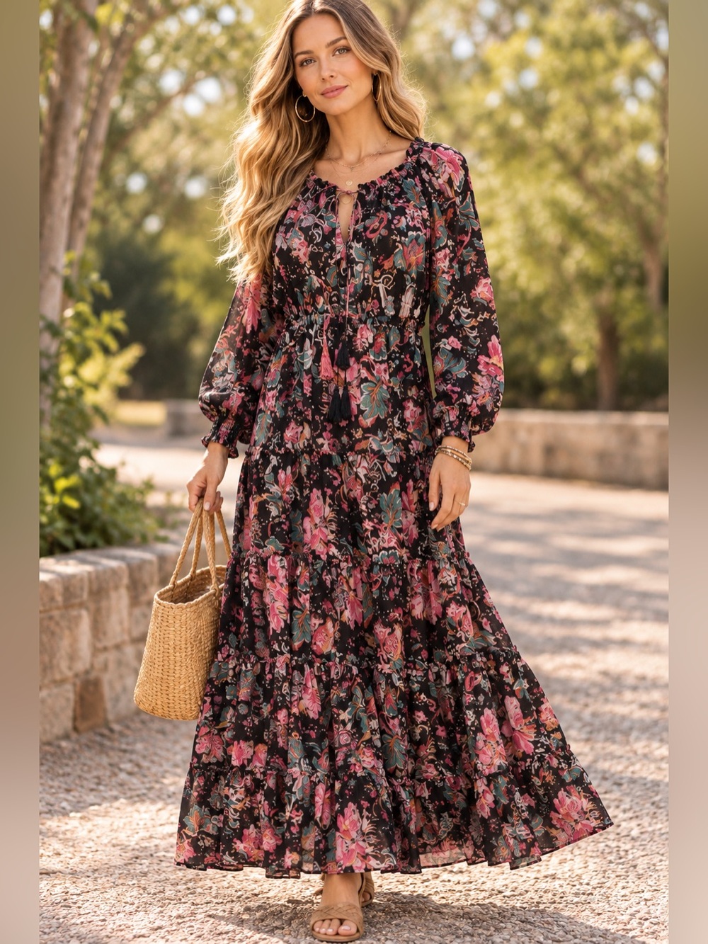House of Harlow 1960 Floral Maxi Dress Black Boho Paisley Long Sleeve Tiered XS